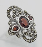 Garnet and Marcasite Ring - Sterling Silver