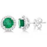 Ladies Emerald and Diamond Halo Stud Earrings in Sterling Silver 1.77ct