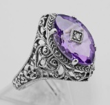 Victorian Style Sterling Silver Amethyst Filigree Ring w/ Diamond Center