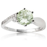 1 1/4 CARAT GREEN AMETHYST & (6 PCS) FLAWLESS CREATED DIAMOND 925 STERLING SILVER RING