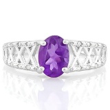 1 CARAT AMETHYST & (20 PCS) FLAWLESS CREATED DIAMOND 925 STERLING SILVER RING