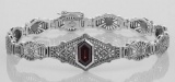 Victorian Style Red Garnet & Diamond Filigree Link Bracelet - Sterling