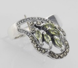 Antique Style Genuine Peridot Ring Marcasite Accents - Sterling Silver
