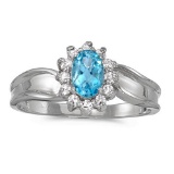 Certified 14k White Gold Oval Blue Topaz And Diamond Ring 0.18 CTW