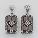 Art Deco Style Garnet and Diamond Earrings - Sterling Silver