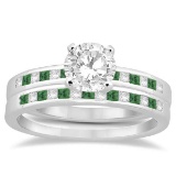 Princess Cut Diamond and Emerald Bridal Set 14k White Gold (1.14ct)