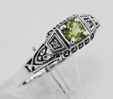 Victorian Style Peridot and Diamond Filigree Ring - Sterling Silver