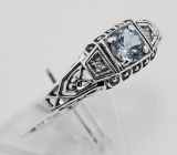 Antique Style Sterling Silver Blue Topaz / Diamond Filigree Ring