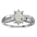 Certified 14k White Gold Oval Opal And Diamond Ring 0.2 CTW