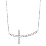 Diamond Sideways Curved Cross Pendant Necklace 14k White Gold 0.33 ct