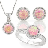 1 4/5 CARAT CREATED PINK FIRE OPAL & DIAMOND 925 STERLING SILVER SET