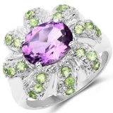 2.68 Carat Genuine Amethyst and Peridot .925 Sterling Silver Ring