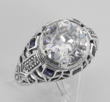 Art Deco Style Sterling Silver Filigree CZ Ring w/ Sapphires