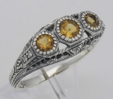 Art Deco Style Citrine Filigree Ring w/ 4 Diamonds - Sterling Silver