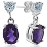 4.15 CARAT AMETHYST & AQUAMARINE PLATINUM OVER 0.925 STERLING SILVER EARRINGS