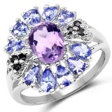 2.67 Carat Genuine Amethyst, Tanzanite and Black Spinel .925 Sterling Silver Ring
