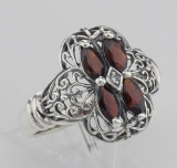 Antique Style Four Stone Garnet / Diamond Filigree Ring - Sterling Silver
