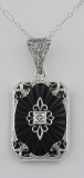 Art Deco Style Black Onyx Filigree Diamond Pendant - Sterling Silver