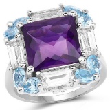 7.51 Carat Genuine Amethyst, Swiss Blue Topaz and White Topaz .925 Sterling Silver Ring