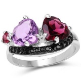 4.07 Carat Genuine Amethyst, Rhodolite and Black Spinel .925 Sterling Silver Ring