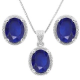 6.529 CARAT TW DYED GENUINE SAPPHIRE & GENUINE DIAMOND PLATINUM OVER 0.925 STERLING SILVER SET