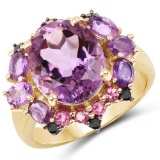 14K Yellow Gold Plated 5.25 Carat Genuine Amethyst, Rhodolite and Blue Diamond .925 Sterling Silver