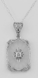 Frosted Crystal Camphor Glass Filigree Diamond Pendant Sterling Silver