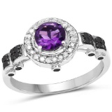 1.02 Carat Genuine Amethyst, Black Diamond and White Diamond .925 Sterling Silver Ring