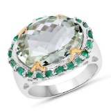 Two Tone Plated 8.86 Carat Genuine Green Amethyst and Emerald .925 Sterling Silver Ring
