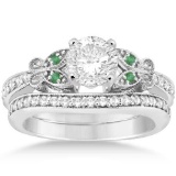 Butterfly Diamond and Emerald Bridal Set 14k White Gold (1.42ct)