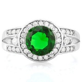 2 CARAT CREATED EMERALD & 1/3 CARAT (34 PCS) FLAWLESS CREATED DIAMOND 925 STERLING SILVER HALO RING