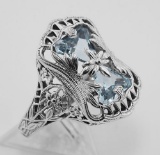 Art Deco Style Blue Topaz Ring with Flower Design - Sterling Silver