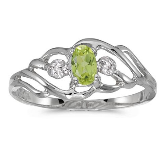 Certified 10k White Gold Oval Peridot And Diamond Ring 0.2 CTW