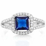 1.50 CARAT CREATED SAPPHIRE & (56 PCS) CREATED DIAMOND 925 STERLING SILVER HALO RING