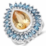 7.54 Carat Genuine Citrine and London Blue Topaz .925 Sterling Silver Ring
