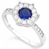 1 CARAT CREATED BLUE SAPPHIRE & 1/4 CARAT (24 PCS) FLAWLESS CREATED DIAMOND 925 STERLING SILVER HALO