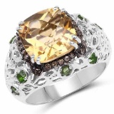 3.58 Carat Genuine Citrine, Chrome Diopside and Champagne Diamond .925 Sterling Silver Ring