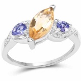 1.28 Carat Genuine Citrine and Tanzanite .925 Sterling Silver Ring