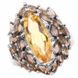 6.20 Carat Genuine Citrine and Smoky Quartz .925 Sterling Silver Ring