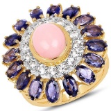 14K Yellow Gold Plated 5.44 Carat Genuine Pink Opal, Iolite And White Topaz .925 Sterling Silver Rin