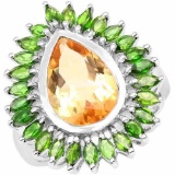 7.02 Carat Genuine Citrine and Chrome Diopside .925 Sterling Silver Ring