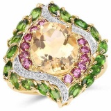 14K Yellow Gold Plated 6.66 Carat Genuine Citrine, Rhodolite and Chrome Diopside .925 Sterling Silve