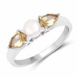 1.44 Carat Genuine Citrine and Pearl .925 Sterling Silver Ring