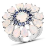 3.98 Carat Genuine Ethiopian Opal and Blue Sapphire .925 Sterling Silver Ring