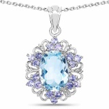 8.76 Carat Genuine Blue Topaz and Tanzanite .925 Sterling Silver Pendant