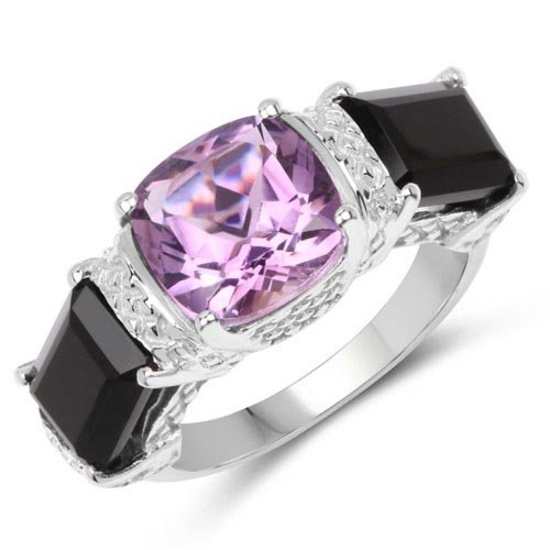4.53 Carat Genuine Amethyst and Onyx Black .925 Sterling Silver Ring