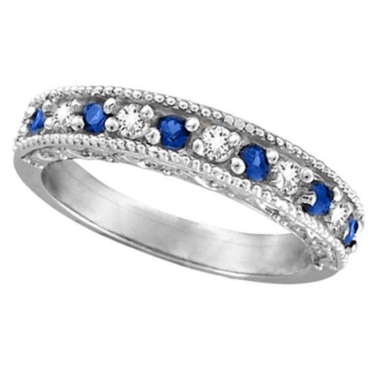 Designer Diamond and Blue Sapphire Ring Band 14k White Gold (0.59ct)