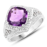 3.02 Carat Genuine Amethyst and White Topaz .925 Sterling Silver Ring