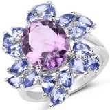 5.72 Carat Genuine Amethyst and Tanzanite .925 Sterling Silver Ring