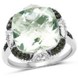 6.07 Carat Genuine Green Amethyst, Green Diamond and White Diamond .925 Sterling Silver Ring
